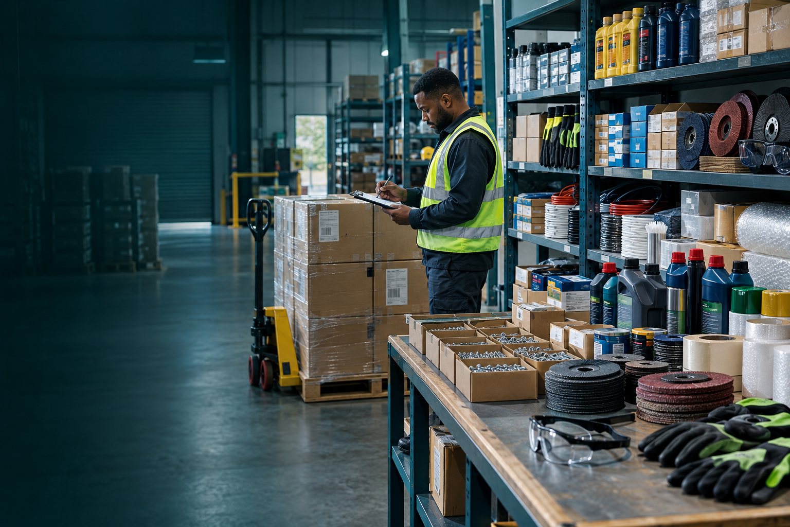 Stock controller checking an order next to shelves of oils, gloves, cutting discs and fasteners